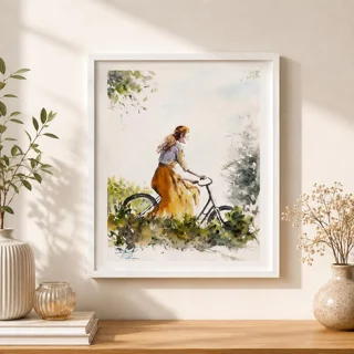 نقاشی آبرنگ بانوی دوچرخه‌سوار