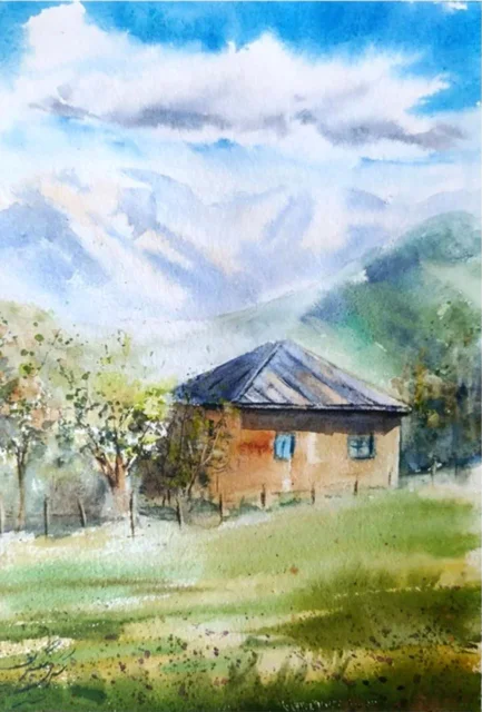 تابلو نقاشی آبرنگ خانه روستایی